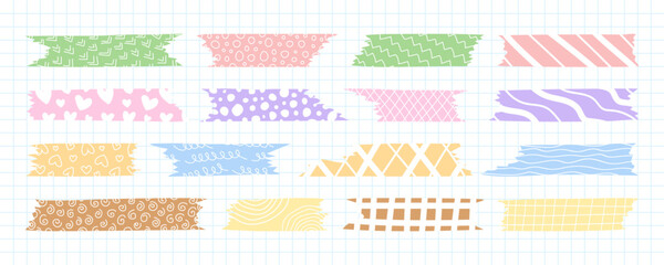 Pastel Washi Tapes set. Decorative patterned pieces of adhesive tape. Scrapbooking element for creating stylish digital collages. Cute patterned washi tape strips, colorful decorative scotch tapes