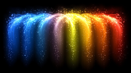 Rainbow Light Cascades Sparkling on Dark Background with Magical Ethereal Flow