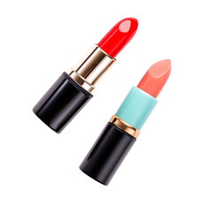 Two lipsticks red and peach shades elegant design black and gold packaging beauty products