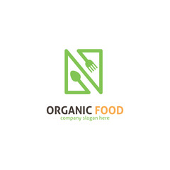 N Letter Food Logo. Green Spoon and Fork Monogram for Organic Restaurant.