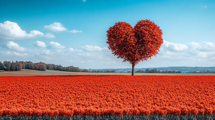 Heart-Shaped Red Tree in Bloom Amid Red Flower Field Under Bright Sky