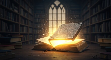 Illuminated Book Floating Above Wooden Table Within a Dimly Lit Library with Bookshelves and Glowing Light