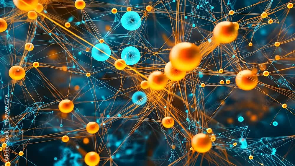Poster abstract representation of molecular structures with vibrant colors and intricate connections in a d