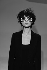 black and white woman with short hair wearing stylish sunglasses and black blazer posing...