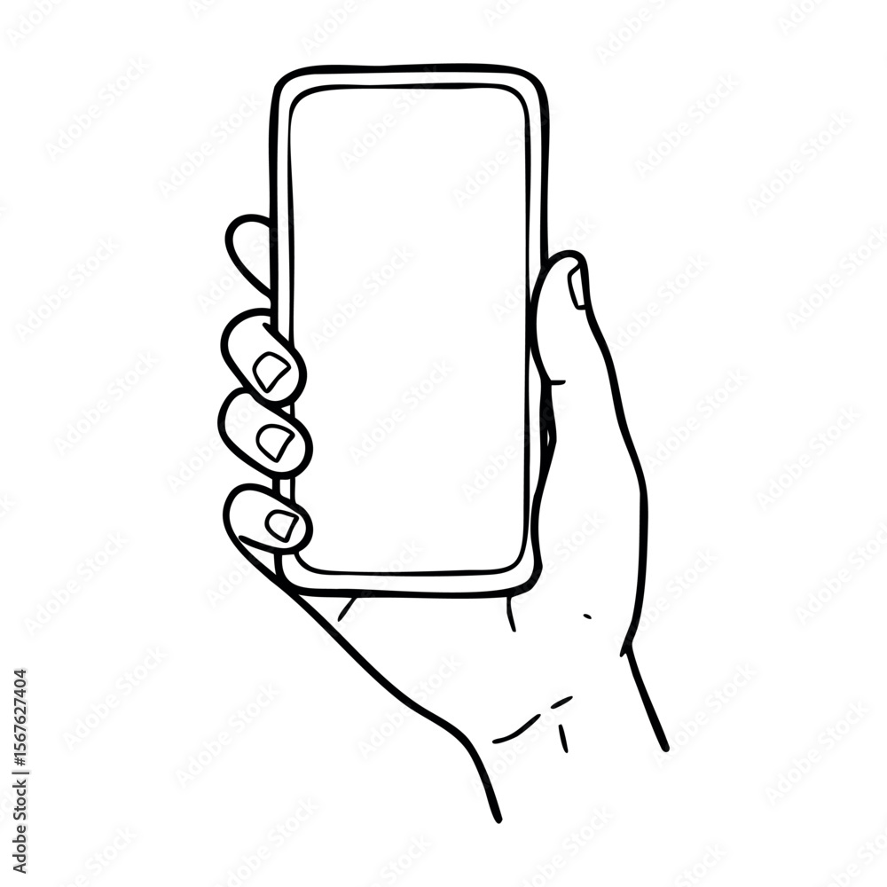 Poster hand holding smartphone line art with blank screen for customization. vector hand-drawn doodle illus