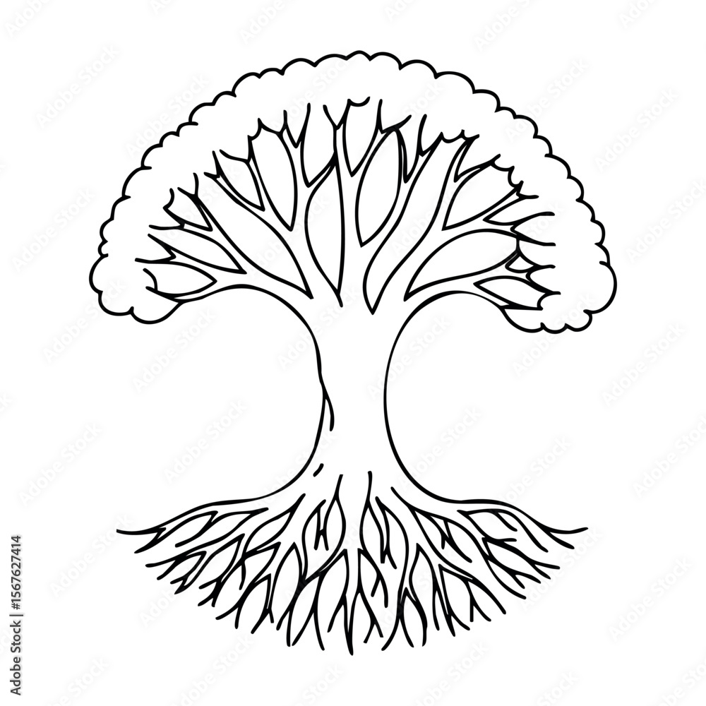 Poster intricate tree design with roots symbolizing growth and connection. vector hand-drawn doodle illustr