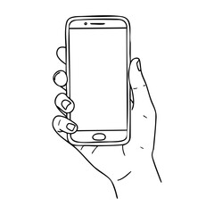 Hand holding smartphone drawing focused on screen. Vector hand-drawn doodle illustration