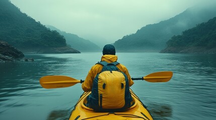 Kayaker paddles a yellow kayak on a misty lake