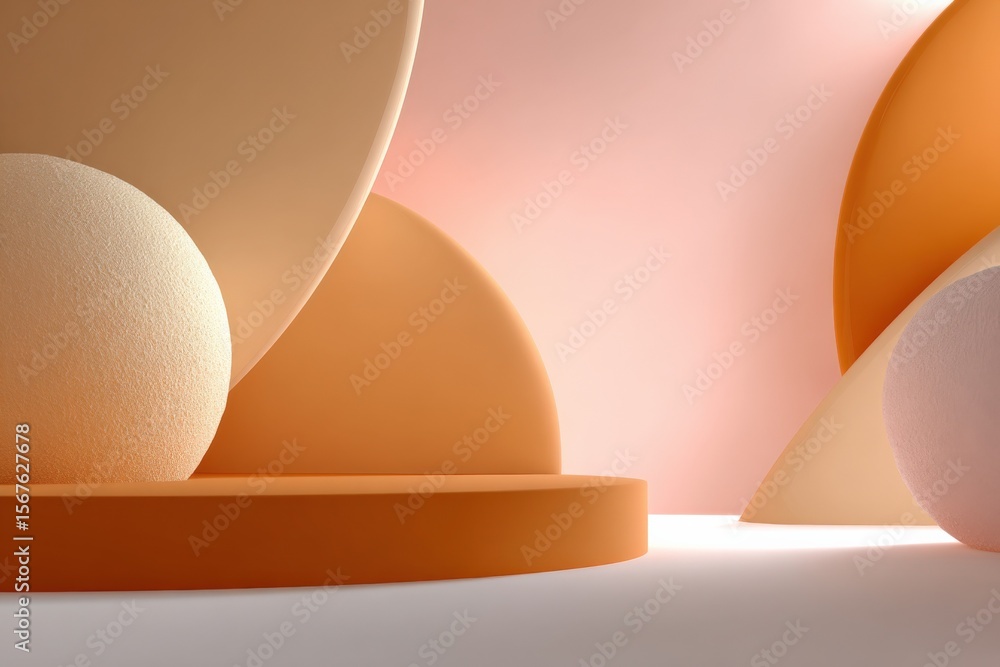 Poster Abstract minimalistic scene with soft pastel-colored geometric shapes including spheres and domes on a smooth surface with gentle lighting