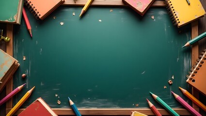 Creative School Background with Chalkboard Surrounded by Colorful Pencils and Notebooks