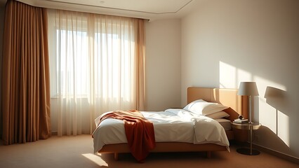 Elegant hotel bedroom bathed in morning sunlight, featuring a neatly made bed and serene ambiance.