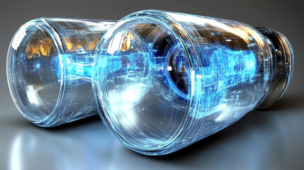 Futuristic Glass Cylinders with Interconnected Blue Light System Showcasing Innovation
