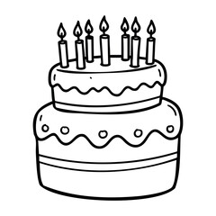 Simple black and white birthday cake with nine lit candles. Vector hand-drawn doodle illustration