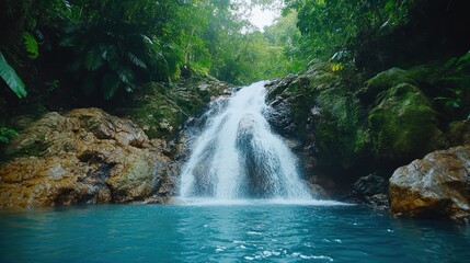 Lush waterfall cascading into a turquoise pool in a tropical rainforest
