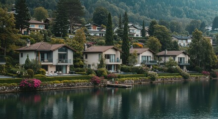 Obraz premium Picturesque lakefront homes nestled amongst lush greenery on a hillside