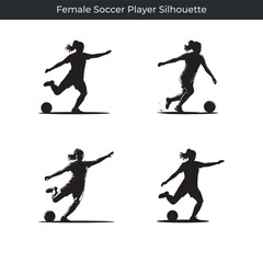 Black silhouette images of female soccer players in action posing with soccer balls