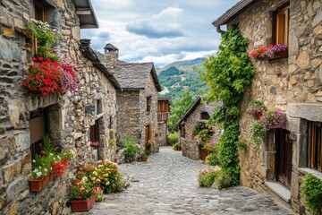 Old town alley with rustic houses and potted flowers
