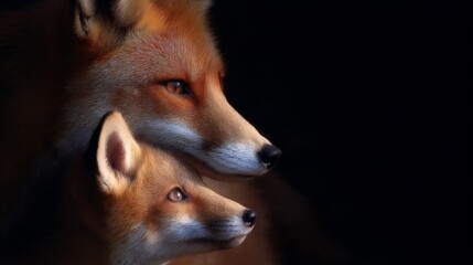Fototapeta premium A close-up portrait of two foxes with striking features. The adult fox shows wisdom and grace, while the young one embodies curiosity. Perfect for wildlife art. AI
