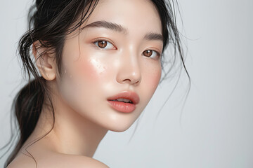 濡れた肌に輝くハイライトが美しい若い日本人女性のアップ写真
