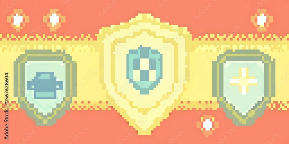 Poster three pixel art shields with different symbols are displayed against a red background.