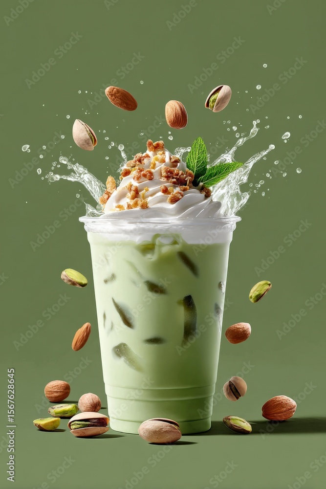 Aufkleber Refreshing pistachio-flavored iced drink with whipped cream and mixed nuts in a transparent glass on green background