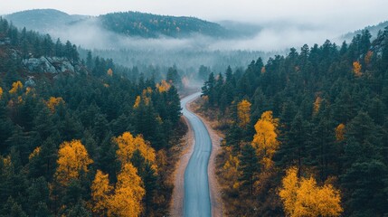 Misty autumn road winding through a forest