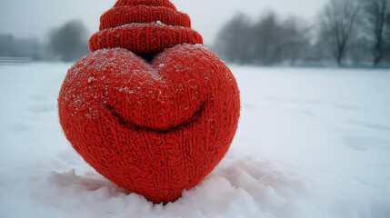 Red Knitted Heart in Fresh Snow with Whimsical Winter Landscape Mood