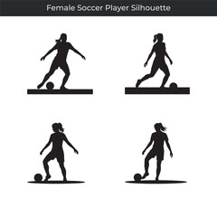 Four dynamic black silhouette poses of female soccer player actions on white background