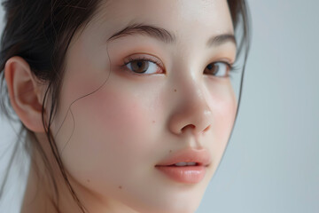Fototapeta premium しっとりとした肌質を捉えた日本人女性の顔アップ写真