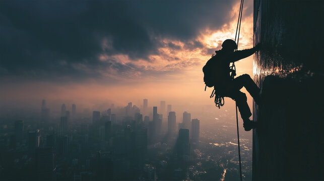 A man is climbing a wall with a backpack