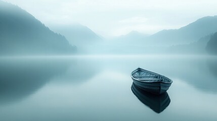 Misty lake, tranquil boat