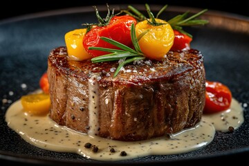 Close up of a steak topped with tomatoes and herbs on a dark plate with a creamy sauce around it