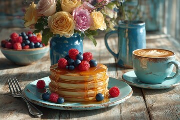 Stack of pancakes with berries and syrup next to coffee and flowers on a wooden table top view