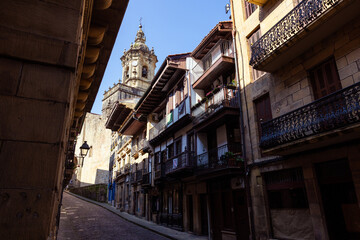 Bell Tower of the Church of Santa María de la Asunción, Also Known as Nuestra Señora del Manzano, Seen from Kale Nagusia in Hondarribia