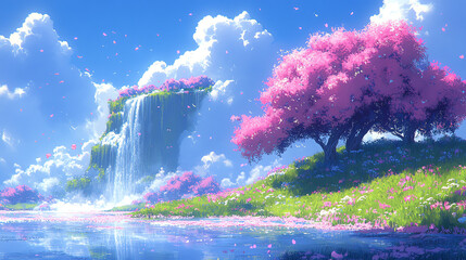 Serene Cherry Blossom Landscape with Waterfall and Blue Sky with Fluffy Clouds