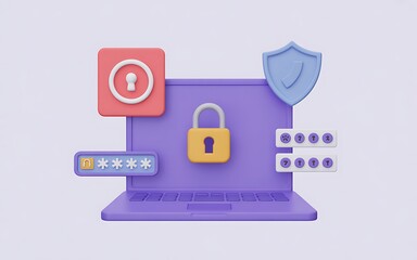 3D Illustration Secure Online Privacy & Data Protection with Laptop and Security Icons