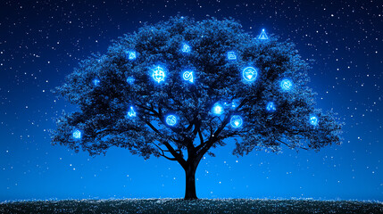 Luminous Digital Tree with Glowing Symbols Against Starry Night
