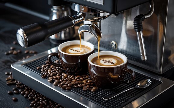Espresso Machine Brewing Two Cups of Coffee with Coffee Beans