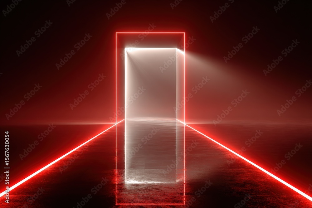 Poster mysterious illuminated doorway or portal with glowing red neon frame and reflective surface in dark 