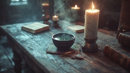 Mystic brew, lit candles, ancient books