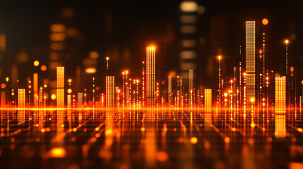 Futuristic Cityscape with Golden Lights Reflecting on Shimmering Grid at Night