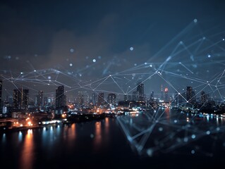 Fototapeta premium Night Cityscape: Futuristic Smart City Network, Illuminated Skyline, Digital Connections, Abstract Technology, Modern Urban Development, Dark Moody Atmosphere.