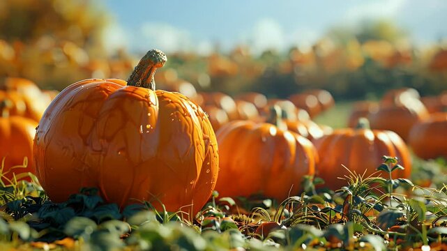Close up of an orange pumpkin in a field. Focus on the detailed texture and water droplets on the pumpkin. Other pumpkins and green foliage in the background, with daylight illumination. 