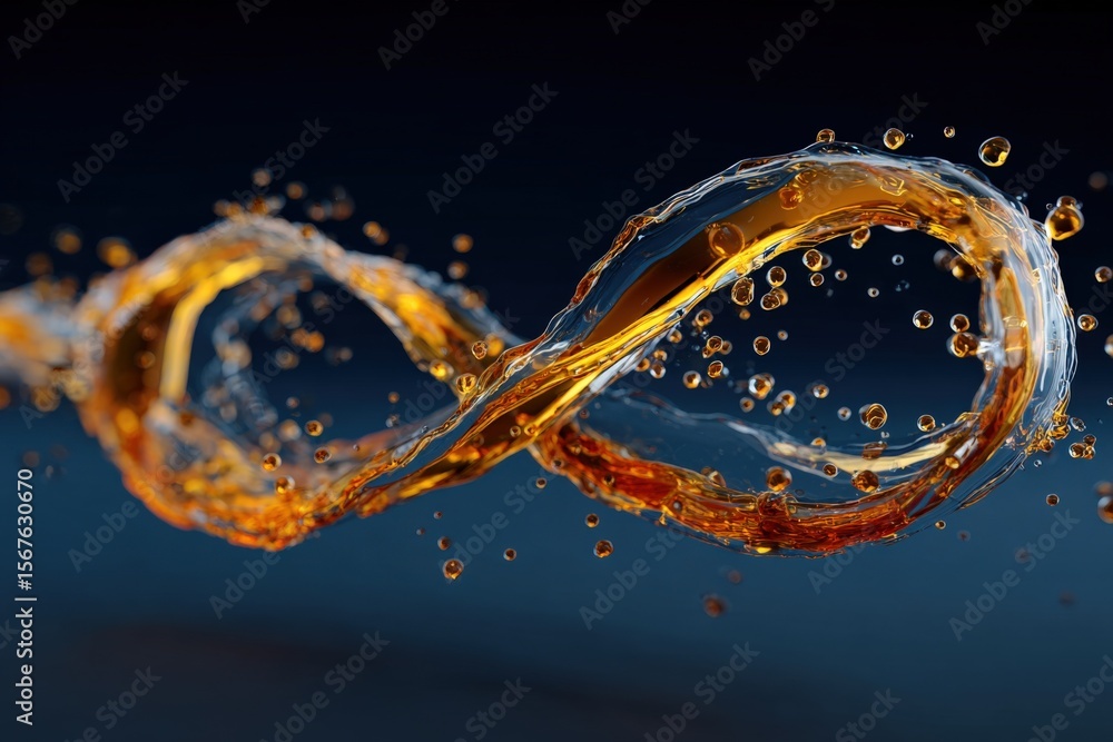 Poster abstract motion of a swirling splash of dark amber-colored liquid with dynamic droplets and waves on