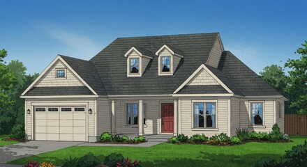 Exterior view of a light beige, two-story home with a gray shingle roof