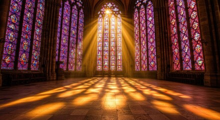 Interior View of a Cathedral with Stained Glass Windows and Golden Sunlight Beams Shining Through