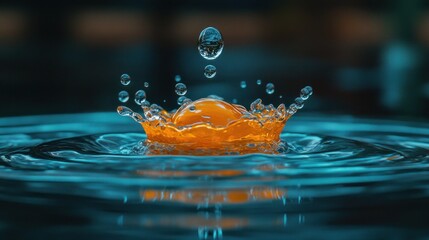 Orange liquid droplet impacting water, creating a splash