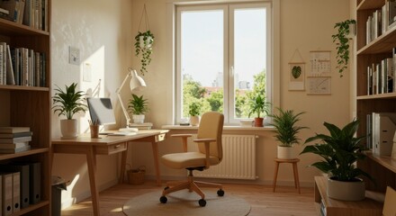 Fototapeta premium Cozy home office with natural light and greenery