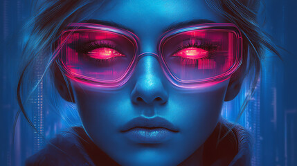 Futuristic Woman with Glowing Red Eyes and Stylish Eyewear in Sci-Fi Portrait