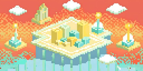 A vibrant pixel art illustration showcases a whimsical floating island city with unique buildings, set against a dreamy sky.